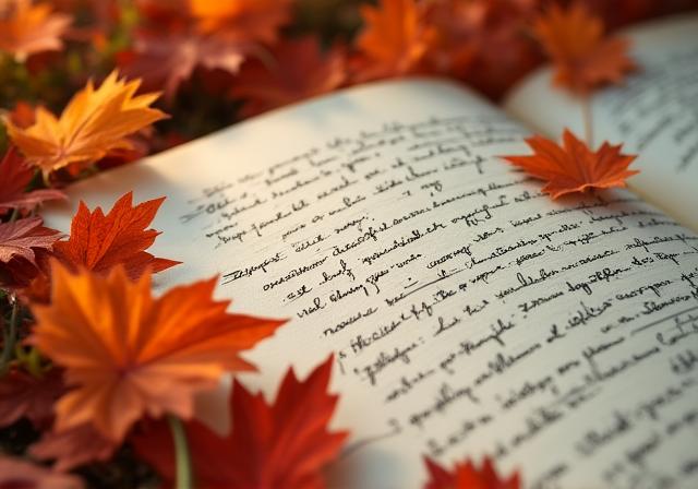 Foglie autunnali che cadono su un manoscritto aperto