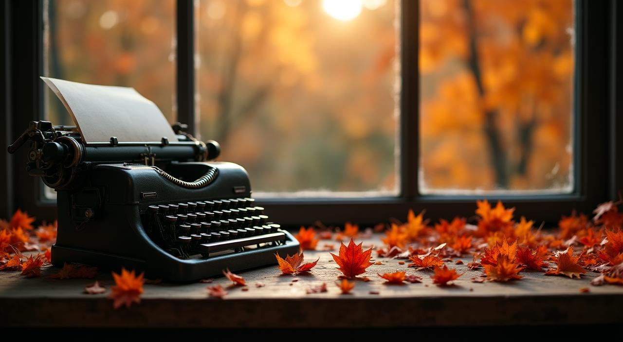 Un paesaggio autunnale malinconico con foglie che cadono su una vecchia macchina da scrivere