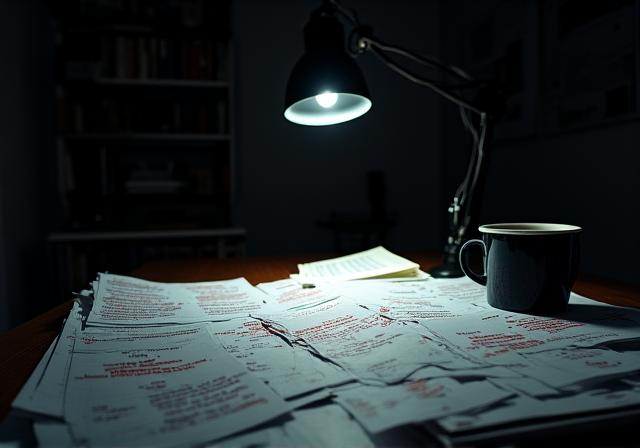 Sceneggiatore che lavora su una scrivania buia illuminata da una sola lampada