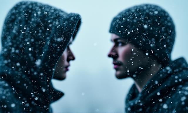 Due figure che si confrontano in una tempesta di neve, metafora del conflitto finale