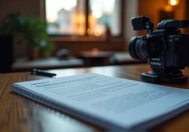 Un set cinematografico stilizzato con focus su uno script e una macchina da presa