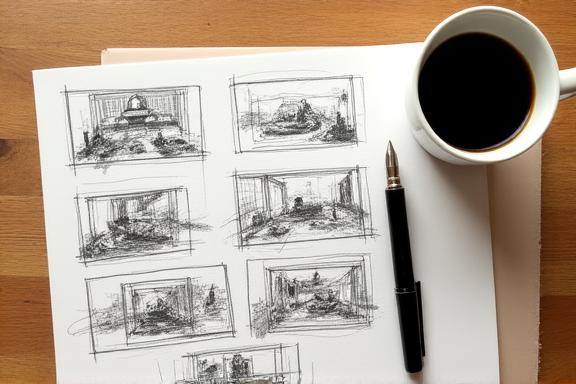 Schizzi di storyboard e appunti di sceneggiatura su una scrivania in legno