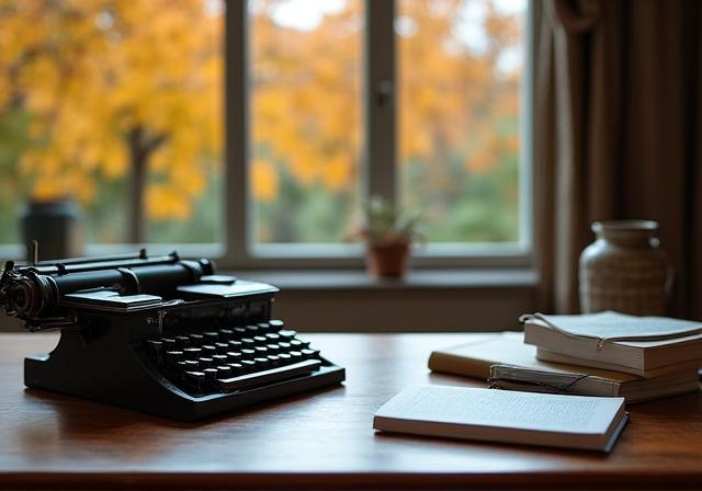 Uno scrittore al lavoro in uno studio luminoso con vista su un giardino autunnale