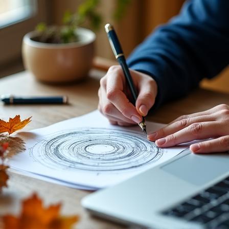 Scrittore che analizza uno schema narrativo circolare con elementi stagionali
